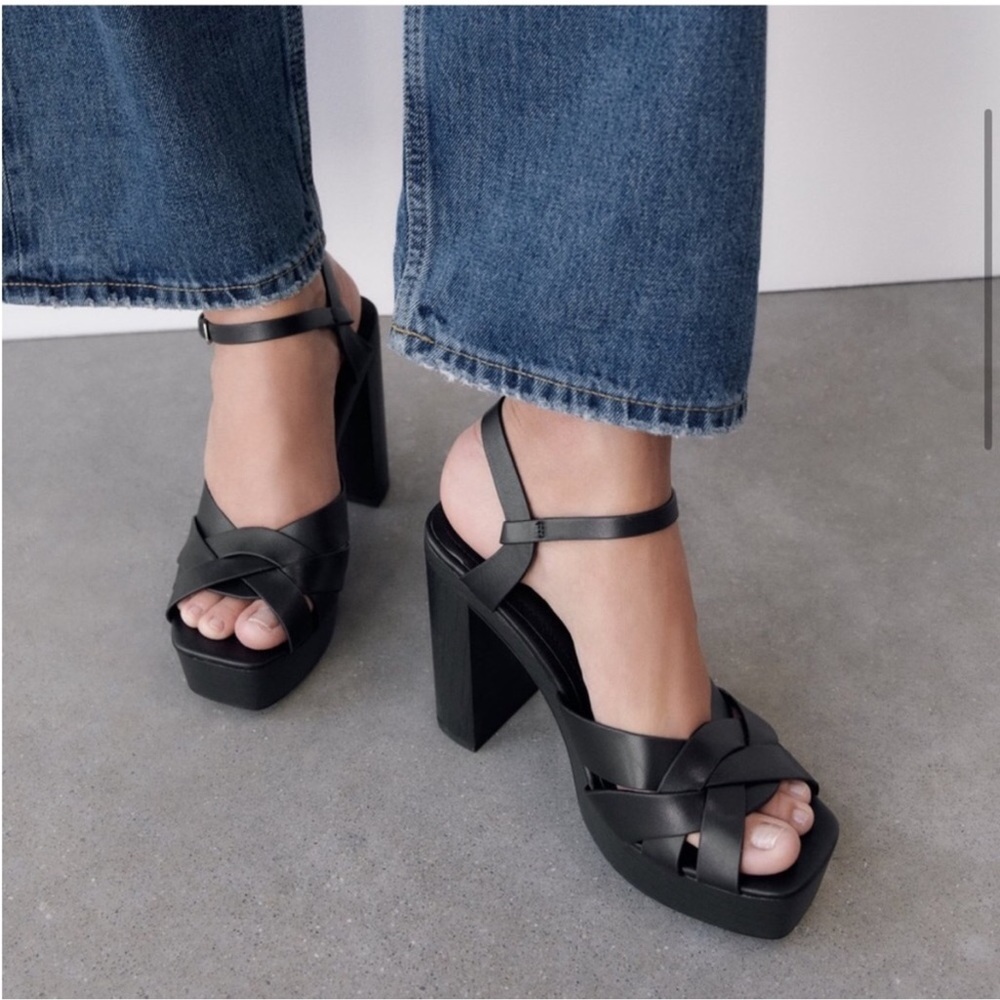 🆕 ZARA Black Y2K Platform Sandals Size 10 Leather  Ankle Strap Retro Sandals